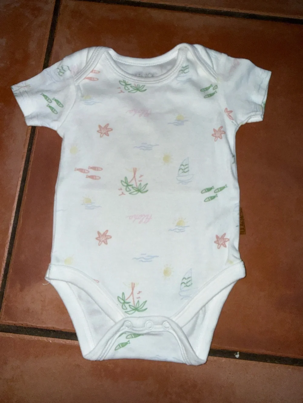 White Infant One-Piece Bodysuit with Pastel‎ Beach Motif